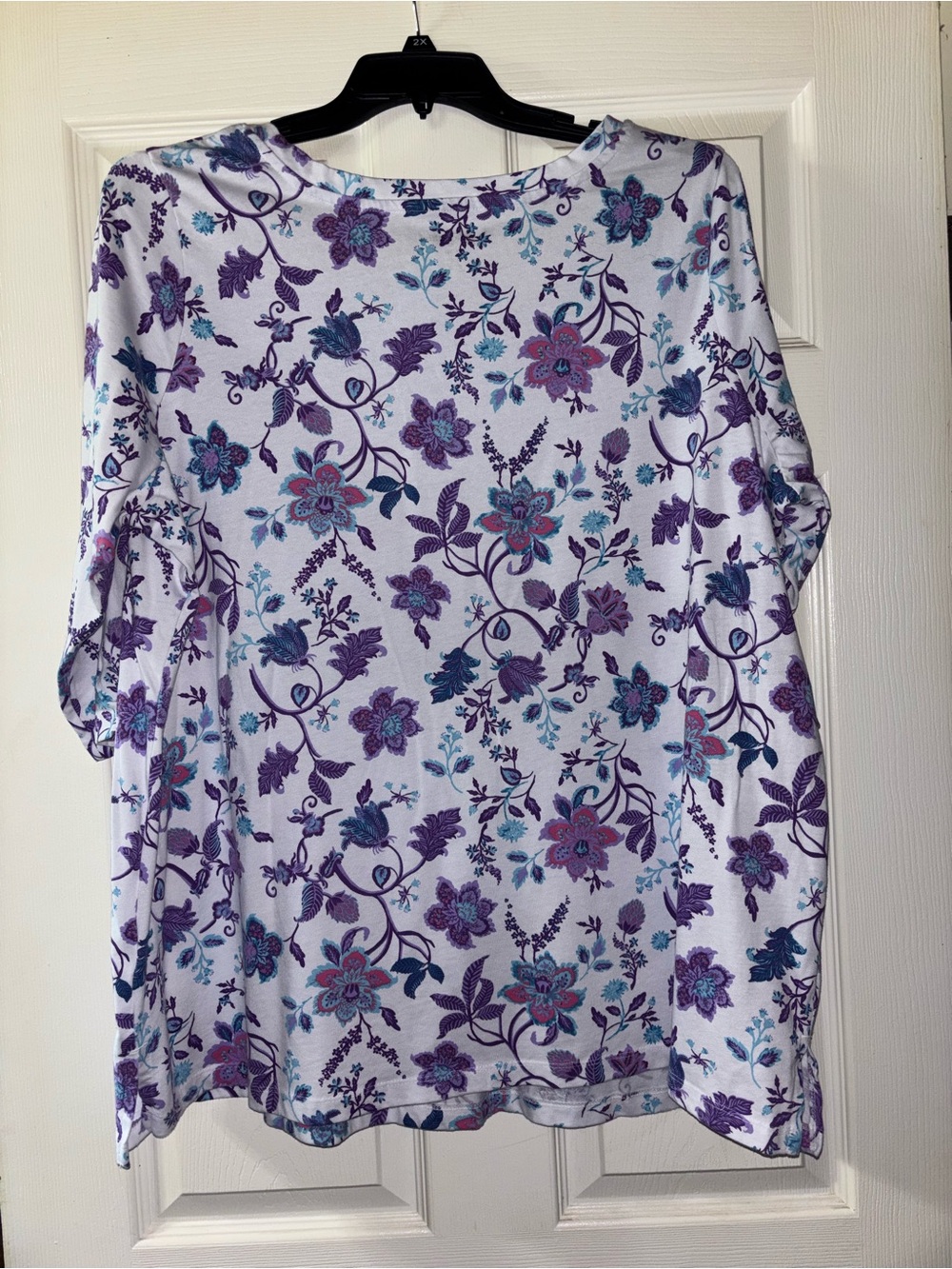 Woman Within White Long Sleeve Floral Tee in Purple & Teal - Picture 4 of 4